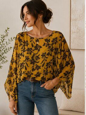 NWT Silk Blend Italian Mustard Floral Batwing Top | Viola Borghi | Made in Italy